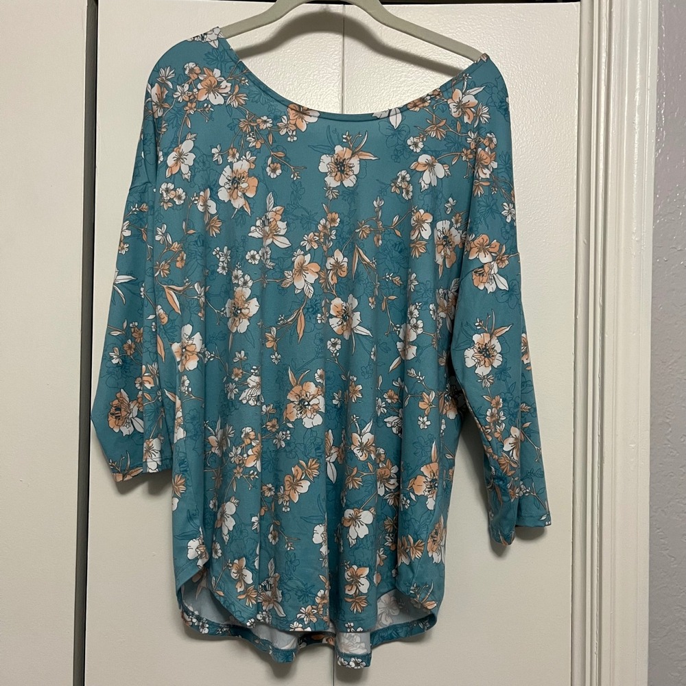 Bobeau Floral Print‎ Top Criss Cross Back 3/4 Sleeve Blouse Teal XL